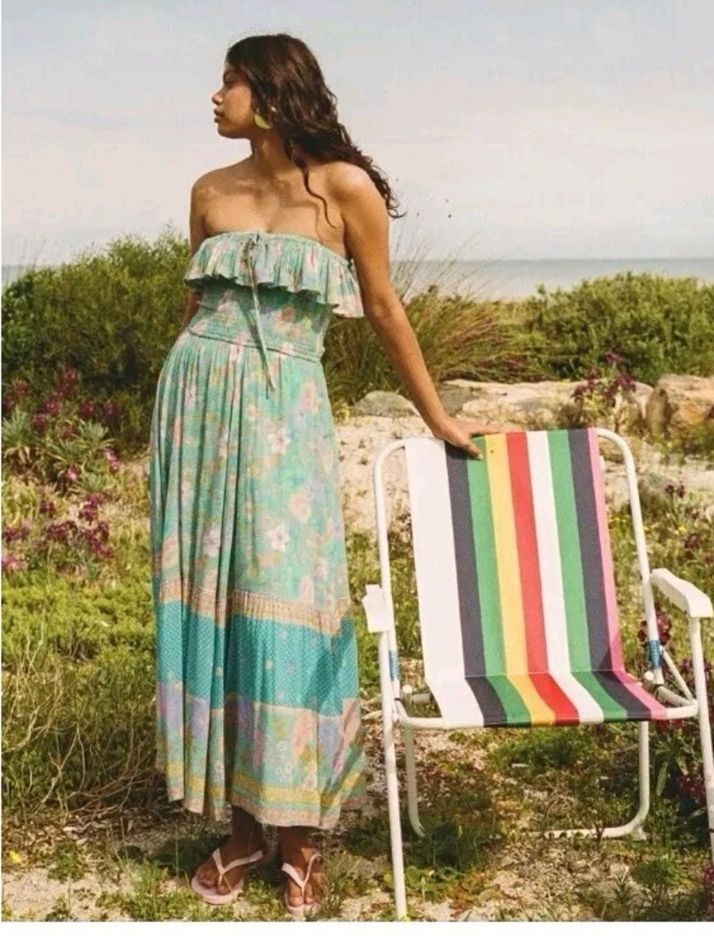 Spell Hibiscus Lane Strapless Floral Maxi Dress in Teal and Mint